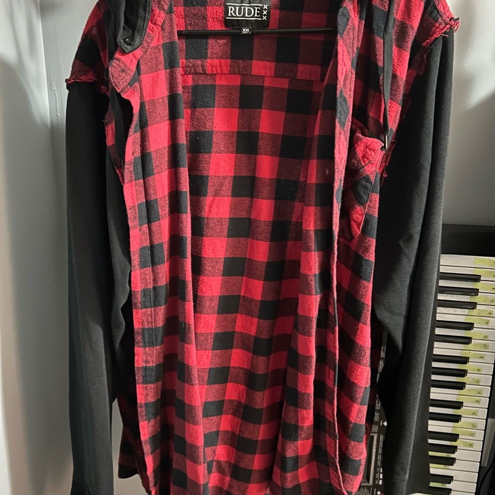 XXXRUDE from. Hot Topic Red and Black Checkered with Black Sleeves